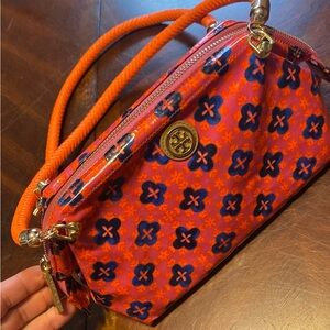 Tory Burch Red-Orange Floral Crossbody Wristlet with Navy Accents